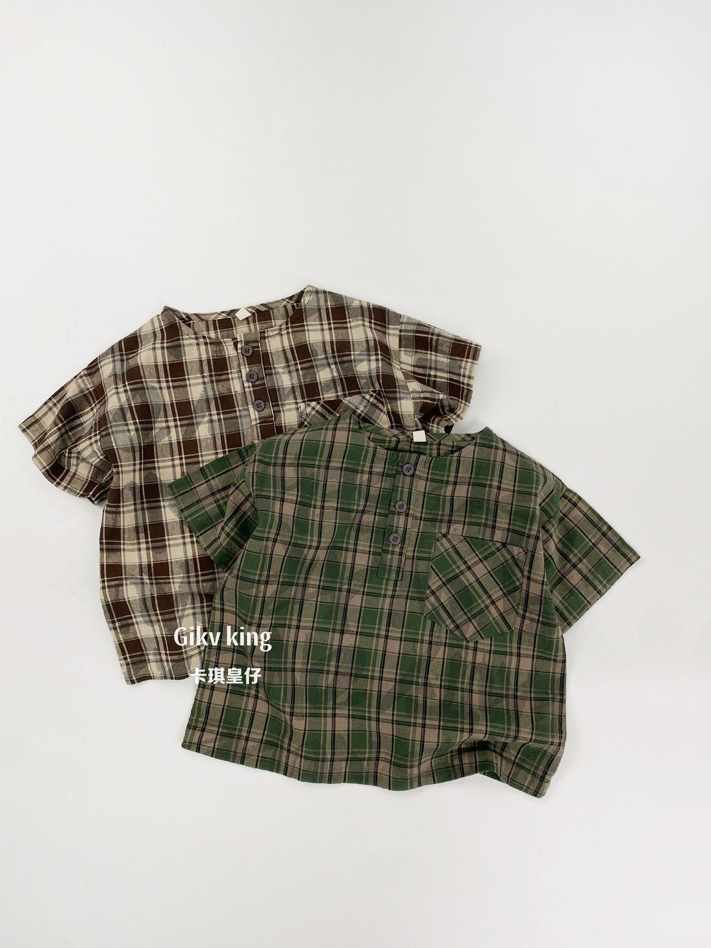 Henley Neckline Pocket Top タータンチェック 半袖シャツ【mh0012832】 Gikv king 半袖シャツ・ブラウス