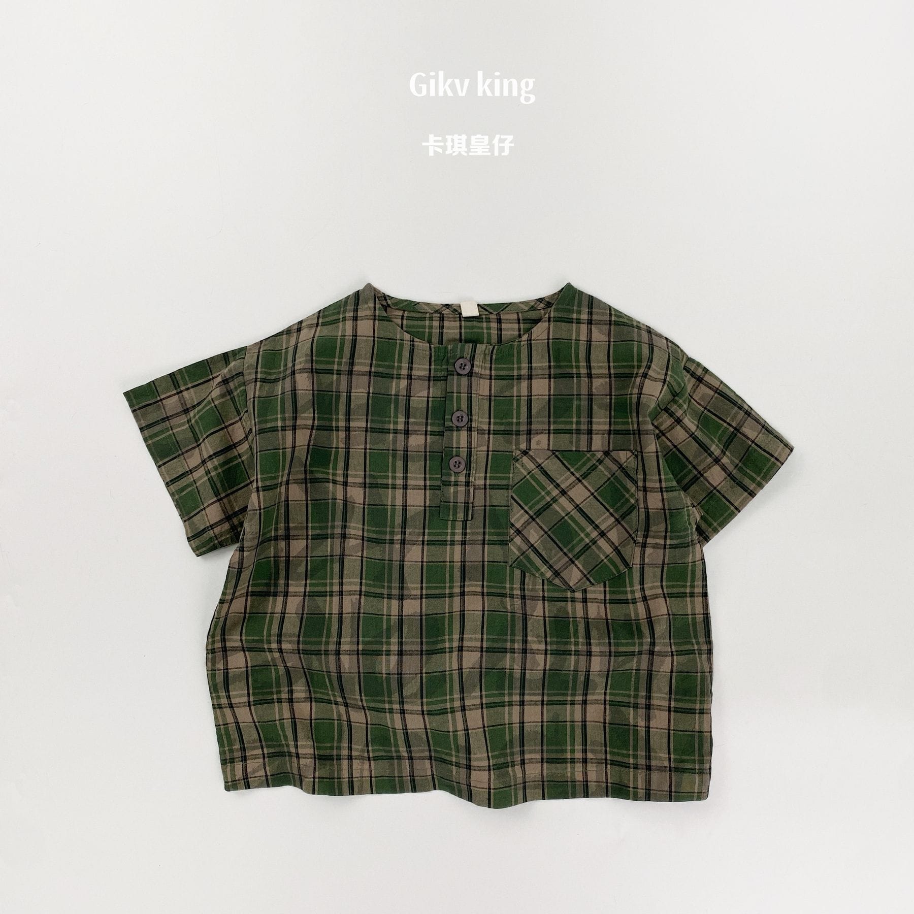 Henley Neckline Pocket Top タータンチェック 半袖シャツ【mh0012832】 Green / 80cm Gikv king 半袖シャツ・ブラウス