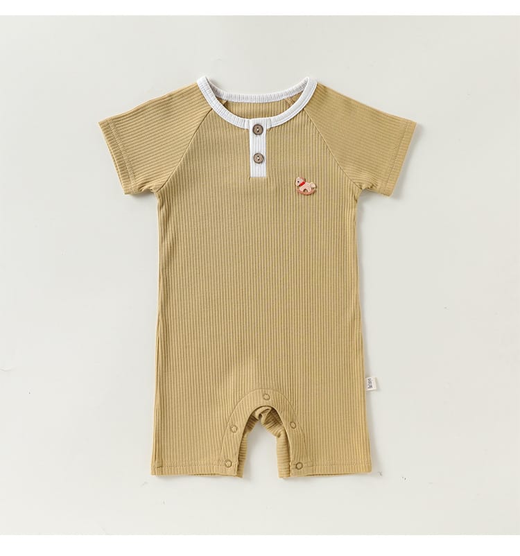 Henley Neckline Short Sleeve Modal Romper ワンポイント 刺繍 半袖ロンパース【mh0012781】 Beitaoya 半袖ロンパース