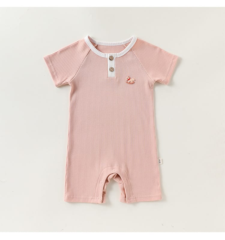 Henley Neckline Short Sleeve Modal Romper ワンポイント 刺繍 半袖ロンパース【mh0012781】 Beitaoya 半袖ロンパース