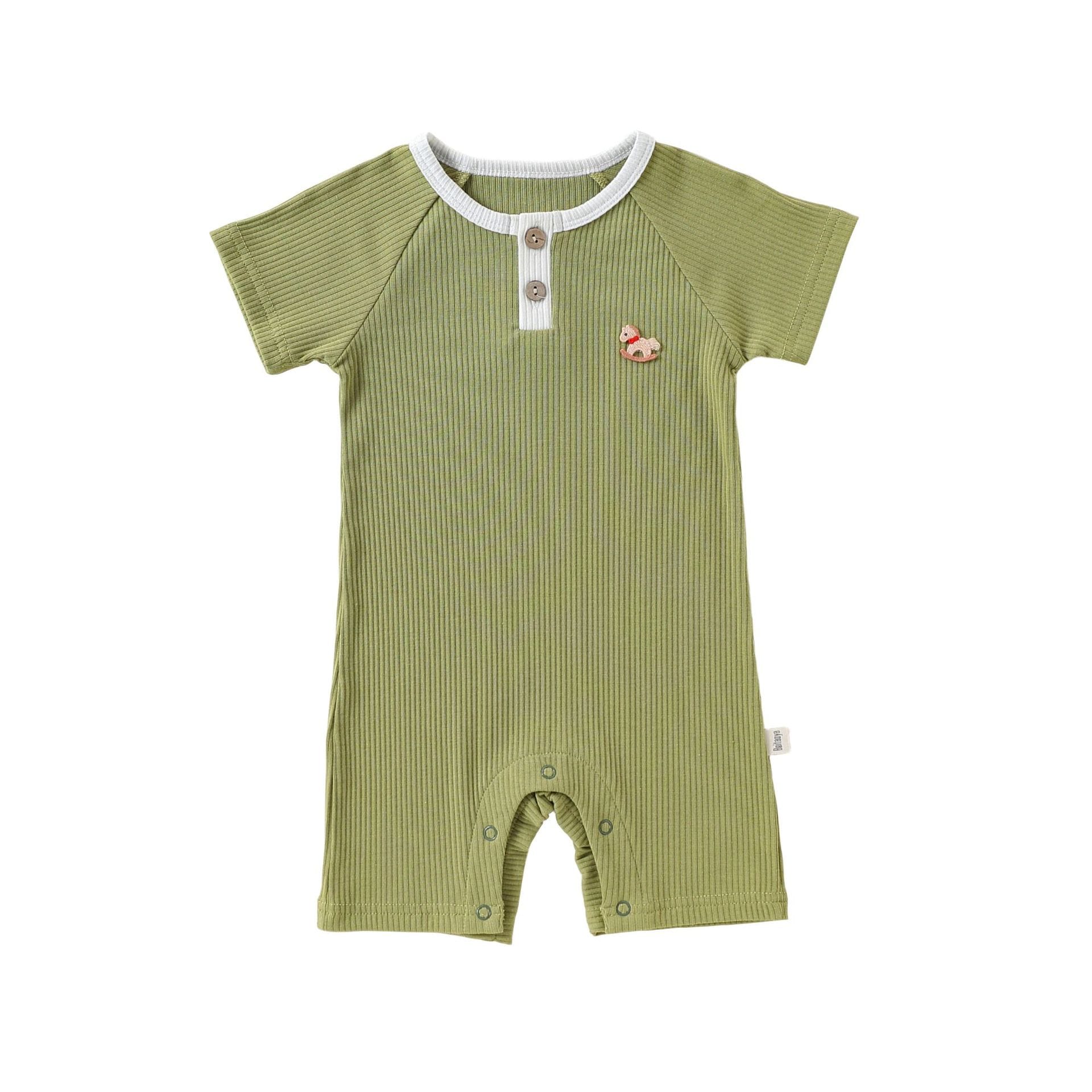 Henley Neckline Short Sleeve Modal Romper ワンポイント 刺繍 半袖ロンパース【mh0012781】 Beitaoya 半袖ロンパース