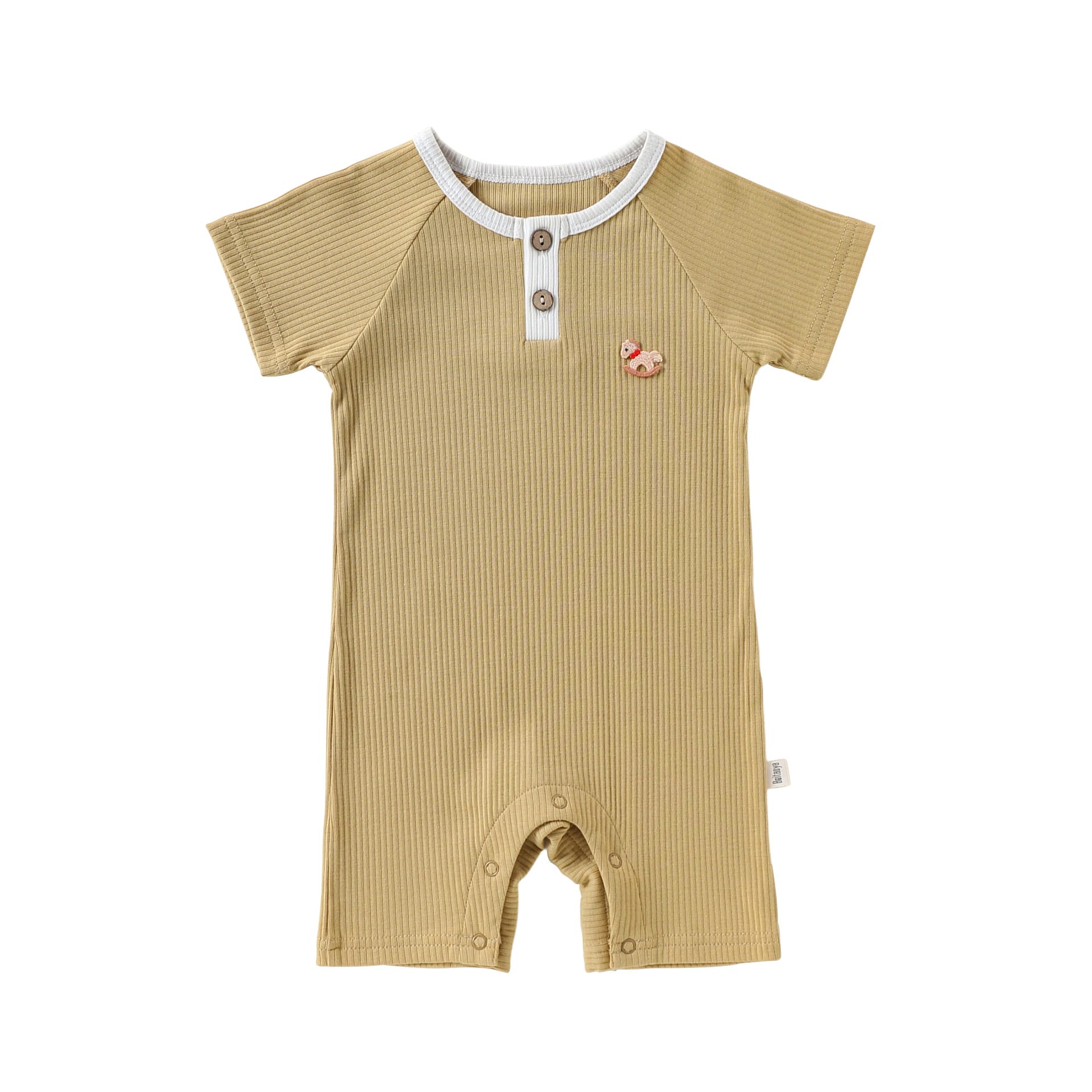 Henley Neckline Short Sleeve Modal Romper ワンポイント 刺繍 半袖ロンパース【mh0012781】 Light Khaki / 66cm Beitaoya 半袖ロンパース
