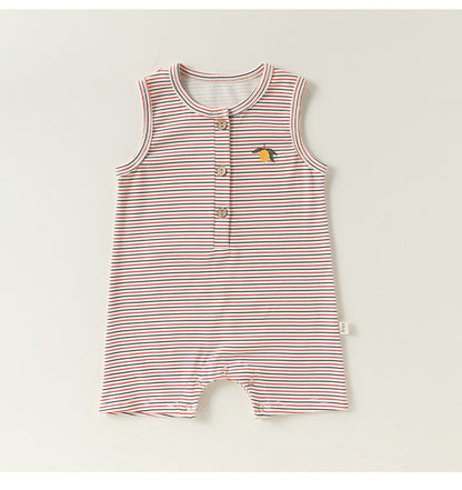 Henley Neckline Sleeveless Cotton ストライプ レモン ロンパース【mh0012778】 Beitaoya ノースリーブロンパース