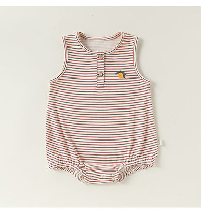 Henley Neckline Sleeveless Cotton ストライプ レモン ロンパース【mh0012778】 Beitaoya ノースリーブロンパース
