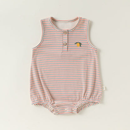 Henley Neckline Sleeveless Cotton ストライプ レモン ロンパース【mh0012778】 Beitaoya ノースリーブロンパース