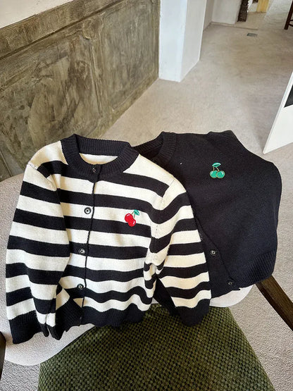 カーディガン・パーカー キッズカーディガン ボーダー/無地チェリー刺繍ニットジャケット 2カラー【mh0006896】