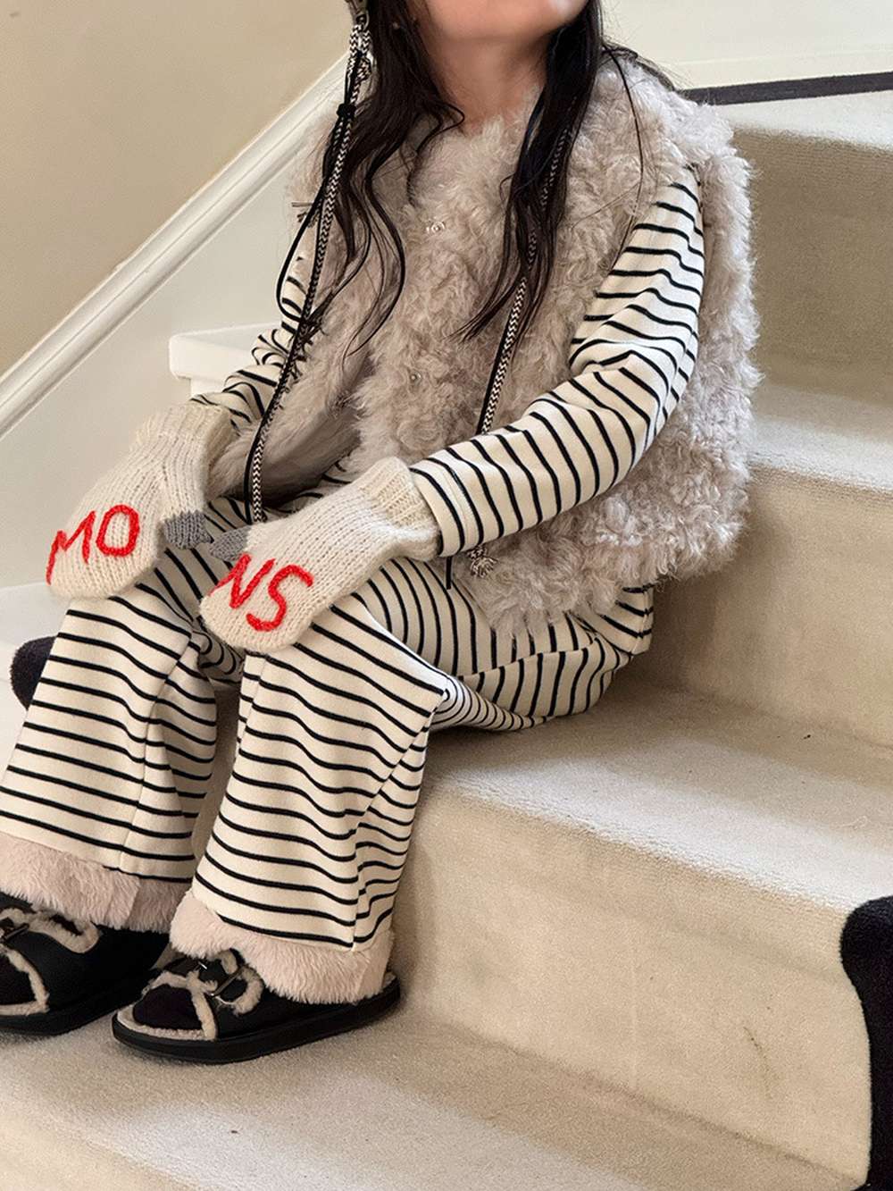 長袖セットアップ 長袖ボアトップス+ロングパンツ 裏起毛ボーダー セットアップ 2点セット【mh0011458】