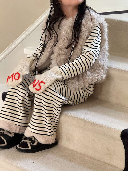 長袖セットアップ 長袖ボアトップス+ロングパンツ 裏起毛ボーダー セットアップ 2点セット【mh0011458】