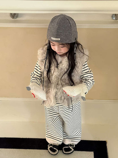 長袖セットアップ 長袖ボアトップス+ロングパンツ 裏起毛ボーダー セットアップ 2点セット【mh0011458】