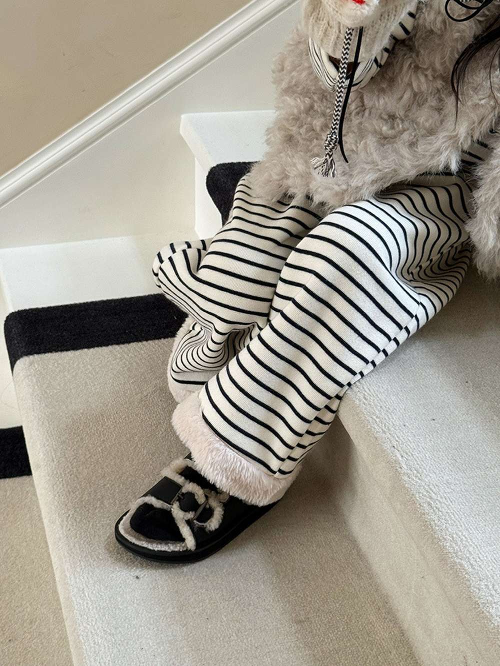 長袖セットアップ 長袖ボアトップス+ロングパンツ 裏起毛ボーダー セットアップ 2点セット【mh0011458】