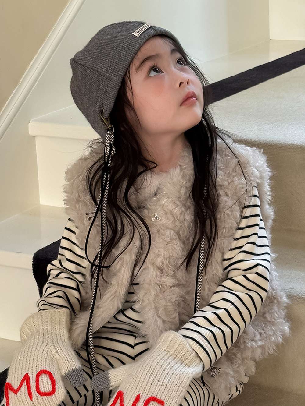 長袖セットアップ 長袖ボアトップス+ロングパンツ 裏起毛ボーダー セットアップ 2点セット【mh0011458】