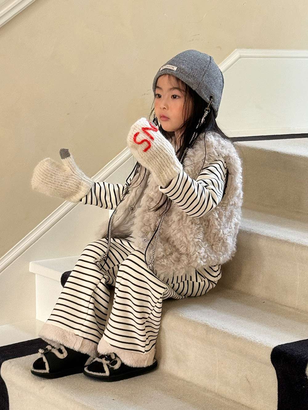 長袖セットアップ 長袖ボアトップス+ロングパンツ 裏起毛ボーダー セットアップ 2点セット【mh0011458】