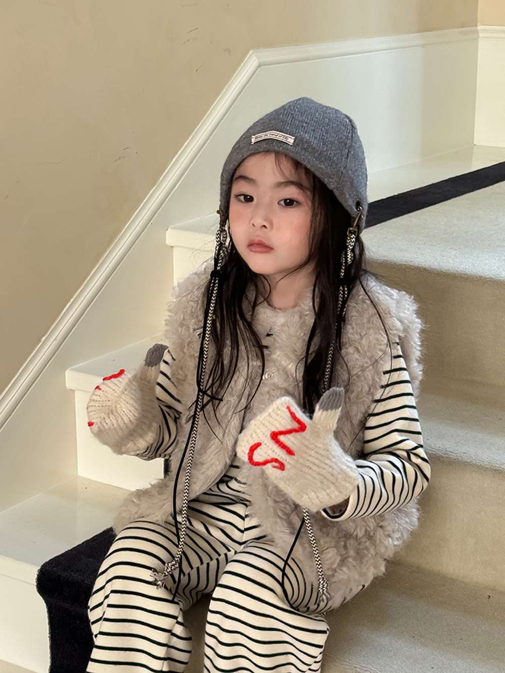 長袖セットアップ 長袖ボアトップス+ロングパンツ 裏起毛ボーダー セットアップ 2点セット【mh0011458】