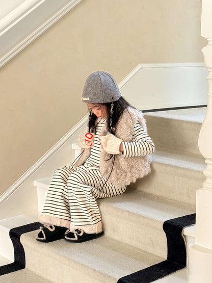 長袖セットアップ 長袖ボアトップス+ロングパンツ 裏起毛ボーダー セットアップ 2点セット【mh0011458】