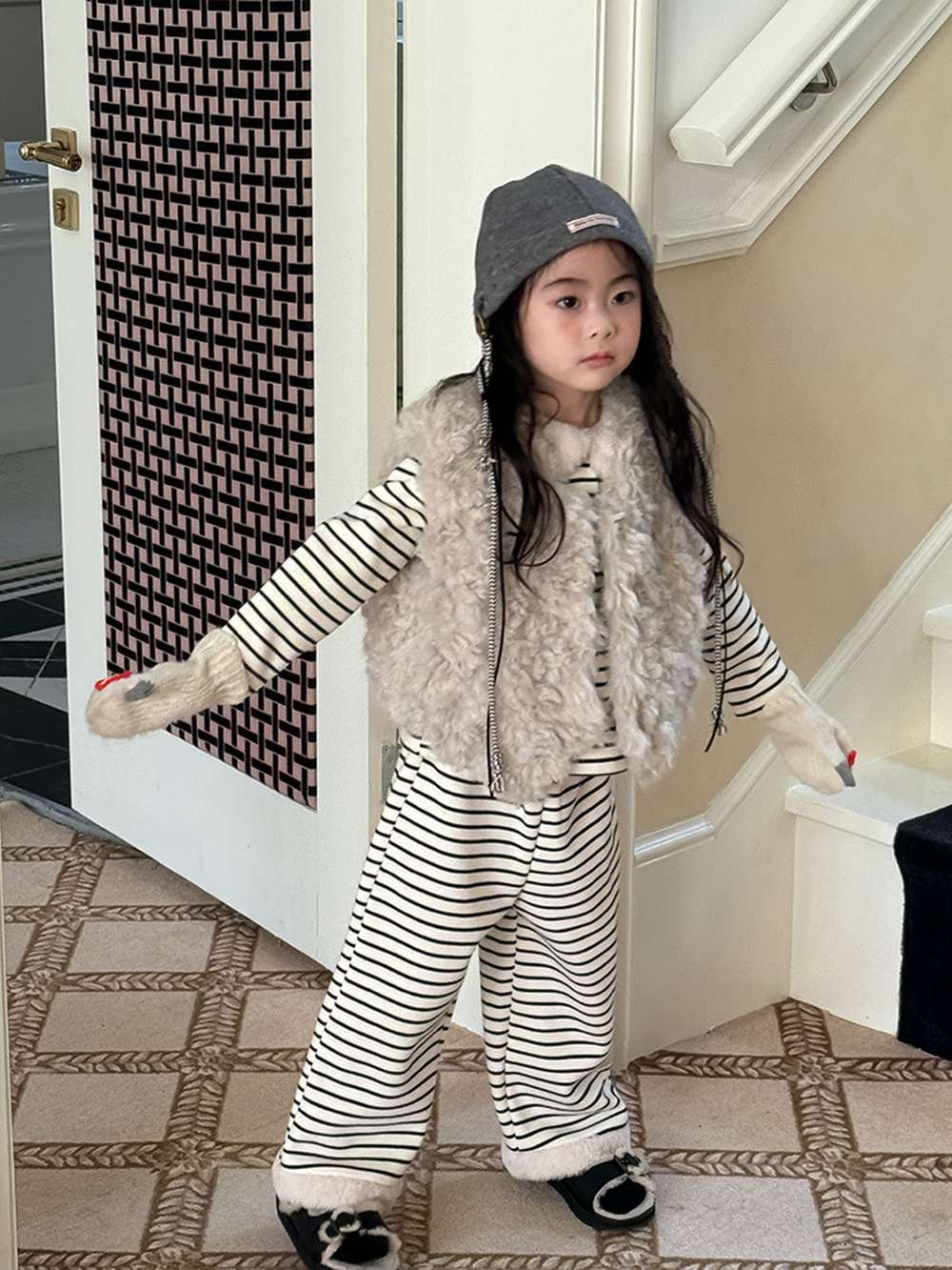 長袖セットアップ 長袖ボアトップス+ロングパンツ 裏起毛ボーダー セットアップ 2点セット【mh0011458】