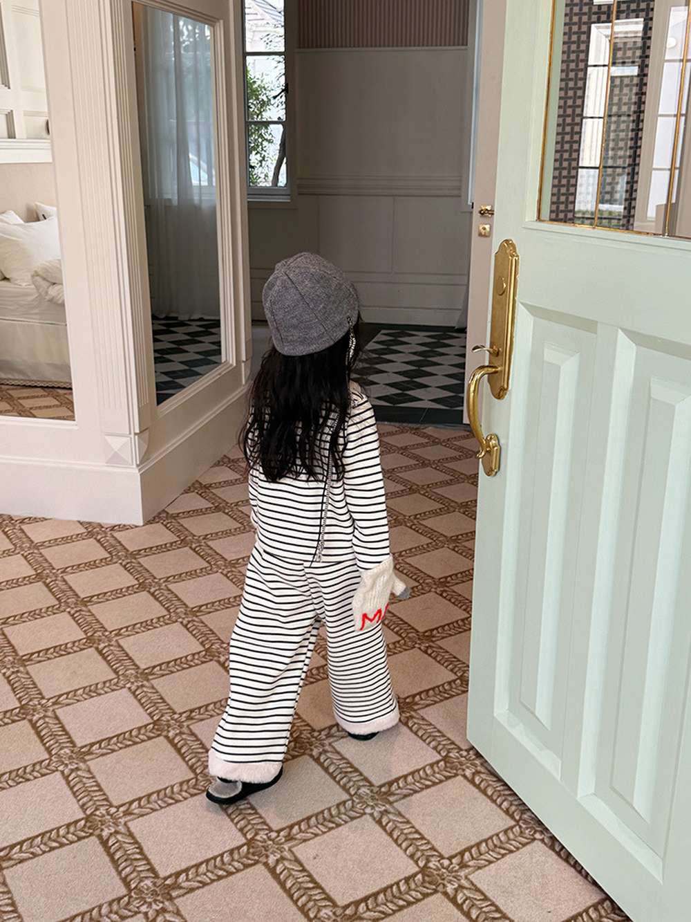 長袖セットアップ 長袖ボアトップス+ロングパンツ 裏起毛ボーダー セットアップ 2点セット【mh0011458】