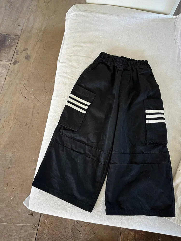 ロングパンツ・スウェットパンツ Black / 24M  90CM キッズパンツ サイドラインポケットワイドカーゴパンツ 2カラー【mh0006778】