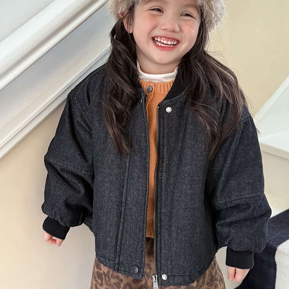 ショートコート・ジャケット・ジャンパー Black / 90cm 長袖デニムブルゾンジャケット | 中綿入り裏地付き | リブ袖 | 厚手冬アウター【mh0011469】