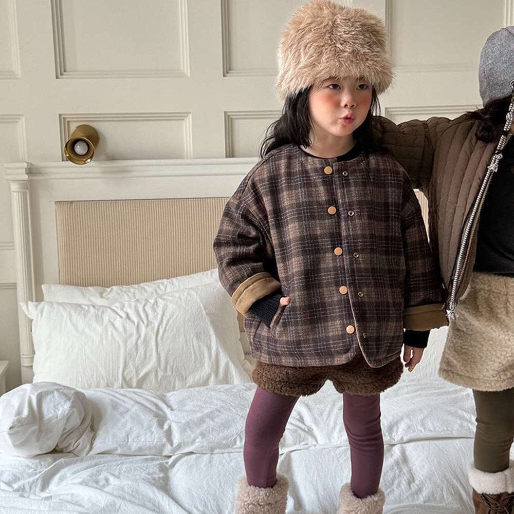 ショートコート・ジャケット・ジャンパー Coffee / 90cm リバーシブルジャケット | 中綿入りウール混チェック柄 | バーン風アウター【mh0011468】