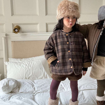 ショートコート・ジャケット・ジャンパー Coffee / 90cm リバーシブルジャケット | 中綿入りウール混チェック柄 | バーン風アウター【mh0011468】