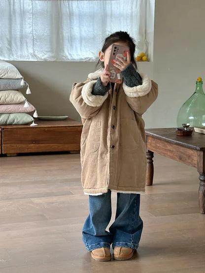ロングコート Khaki / 24M  90CM キッズアウター コーデュロイボアフリース襟付きロングジャケットコート【mh0008006】
