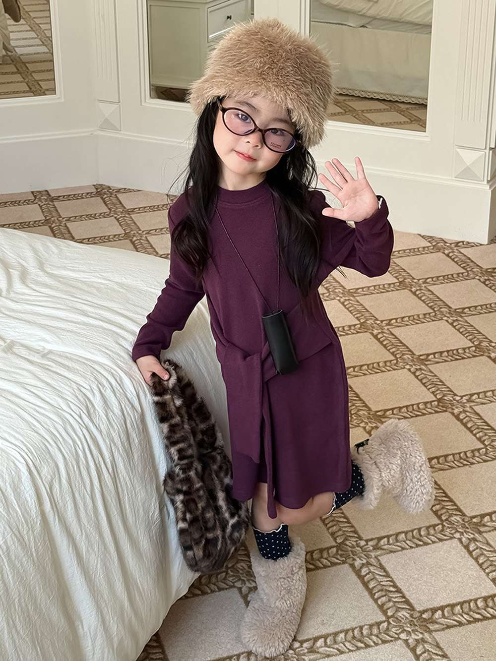 長袖ワンピース 長袖ニットワンピース | フェイクスリーブウエストマーク | 裏起毛【mh0011472】