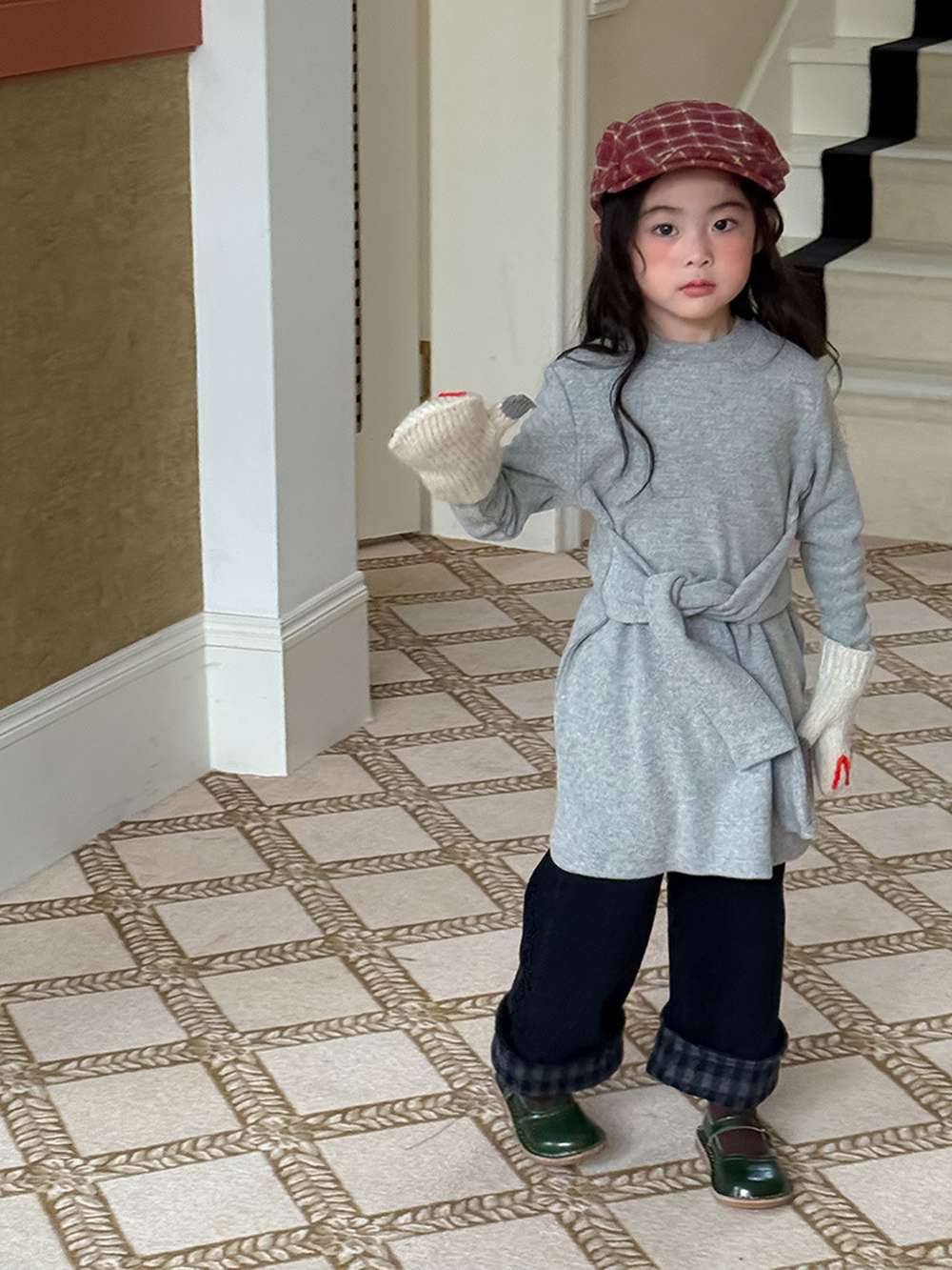 長袖ワンピース 長袖ニットワンピース | フェイクスリーブウエストマーク | 裏起毛【mh0011472】