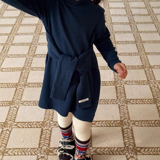 長袖ワンピース Navy / 90cm 長袖ニットワンピース | フェイクスリーブウエストマーク | 裏起毛【mh0011472】