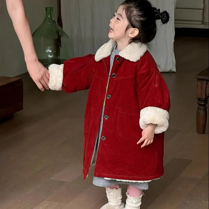 ロングコート Red / 24M  90CM キッズアウター コーデュロイボアフリース襟付きロングジャケットコート【mh0008006】