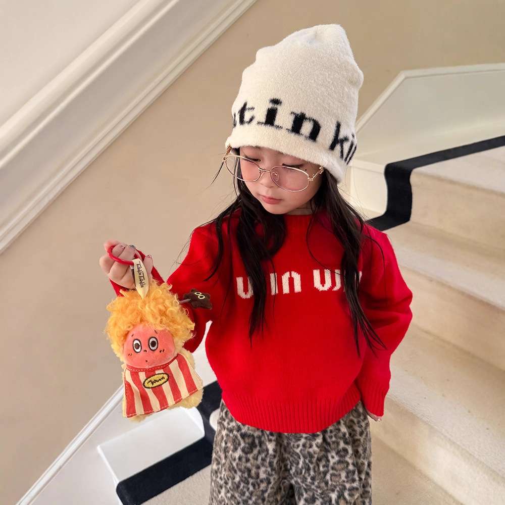 ニット・セーター Red / 90cm 長袖セーター アルファベット刺繍 ラウンドネック プルオーバー【mh0011462】