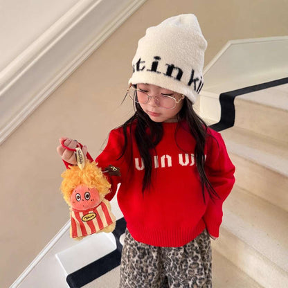 ニット・セーター Red / 90cm 長袖セーター アルファベット刺繍 ラウンドネック プルオーバー【mh0011462】