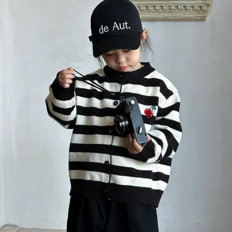 カーディガン・パーカー Stripe / 24M  90CM キッズカーディガン ボーダー/無地チェリー刺繍ニットジャケット 2カラー【mh0006896】