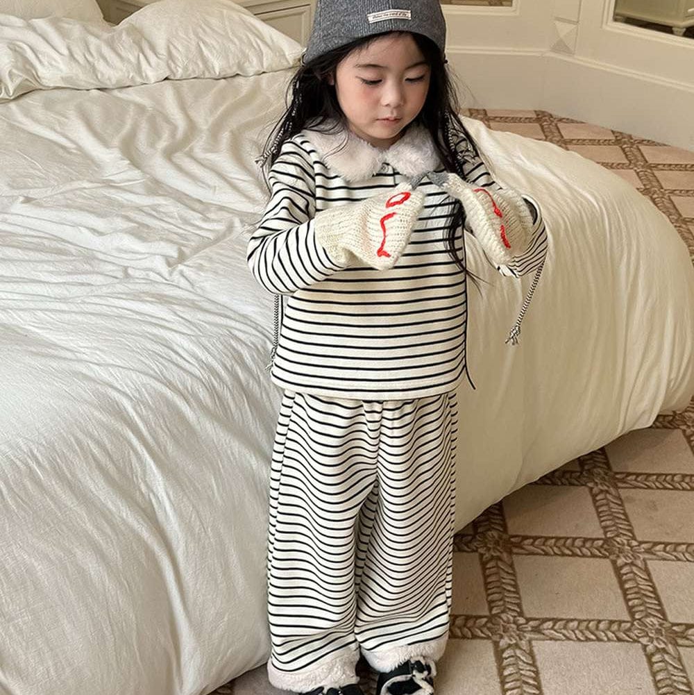 長袖セットアップ Stripe / 90cm 長袖ボアトップス+ロングパンツ 裏起毛ボーダー セットアップ 2点セット【mh0011458】