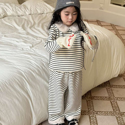 長袖セットアップ Stripe / 90cm 長袖ボアトップス+ロングパンツ 裏起毛ボーダー セットアップ 2点セット【mh0011458】