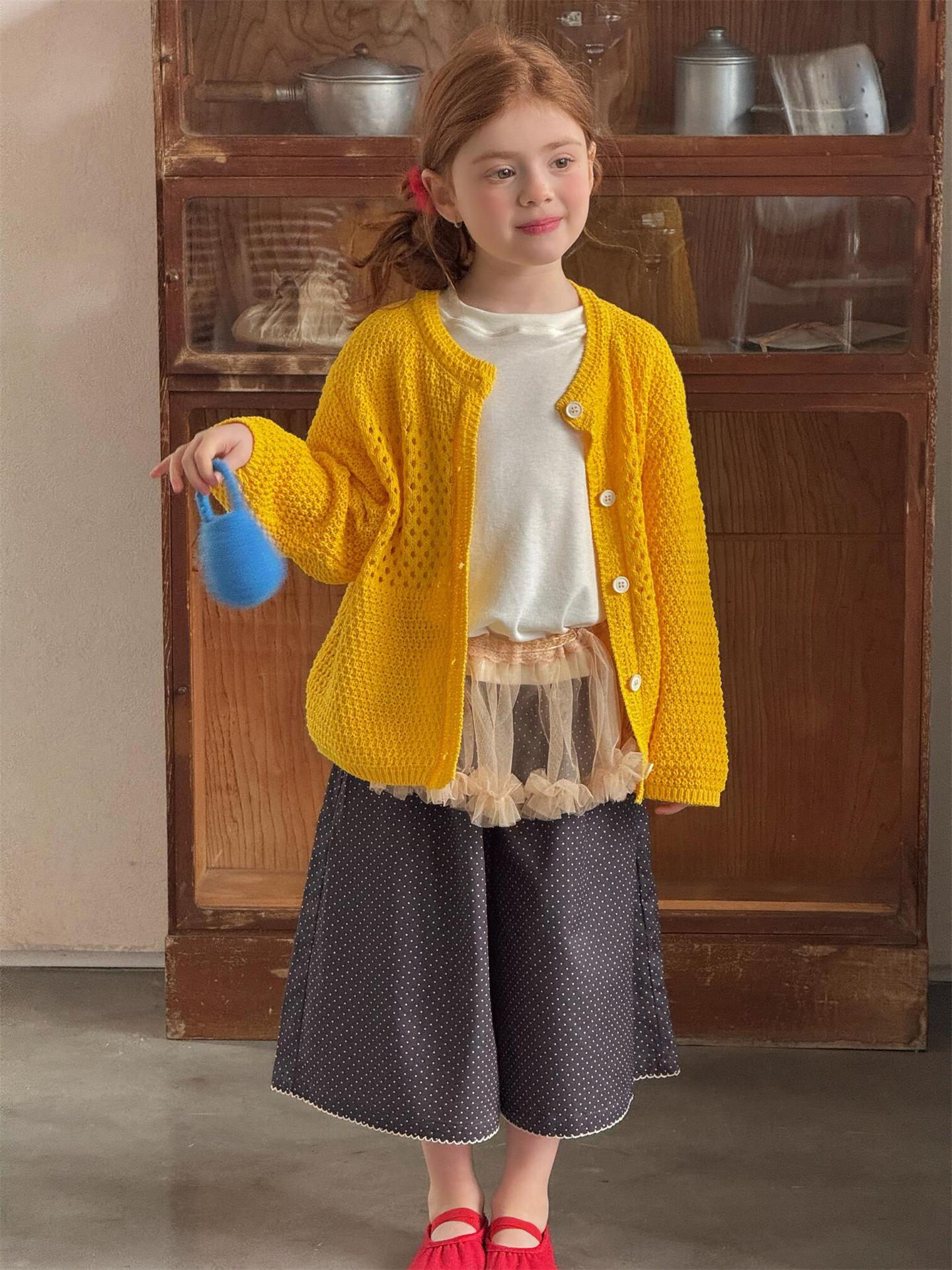 Hollow Crew Neck Knitted Cardigan 透かし編み クルーネック カーディガン【mh0012309】 Yellow / 90cm Jianzidan