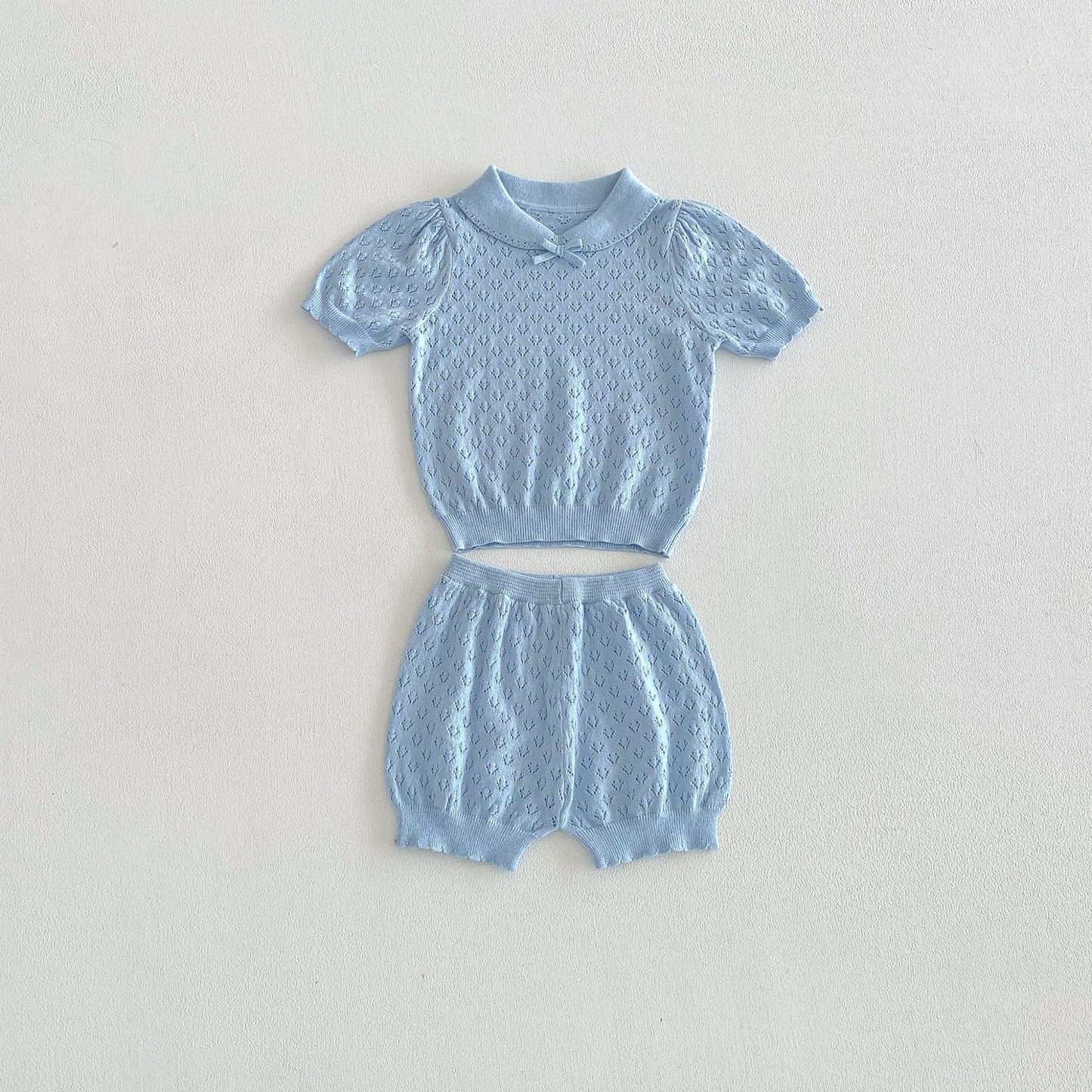 Hollow Knitted Short Sleeve Set 透かし編み ニット 半袖 セットアップ【mh0012710】 Gray Blue / 73cm angou 半袖セットアップ