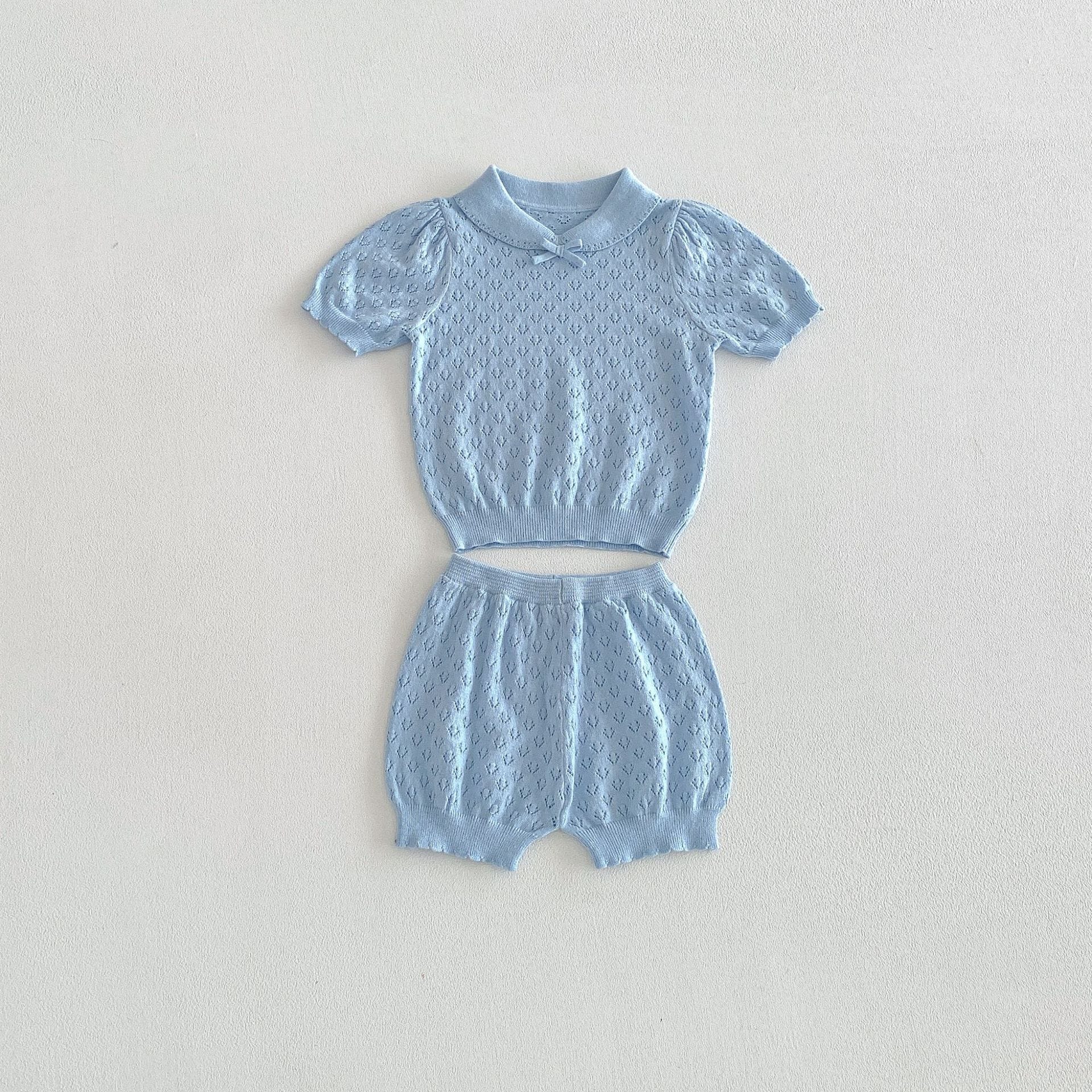 Hollow Knitted Short Sleeve Set 透かし編み ニット 半袖 セットアップ【mh0012710】 Gray Blue / 73cm angou 半袖セットアップ