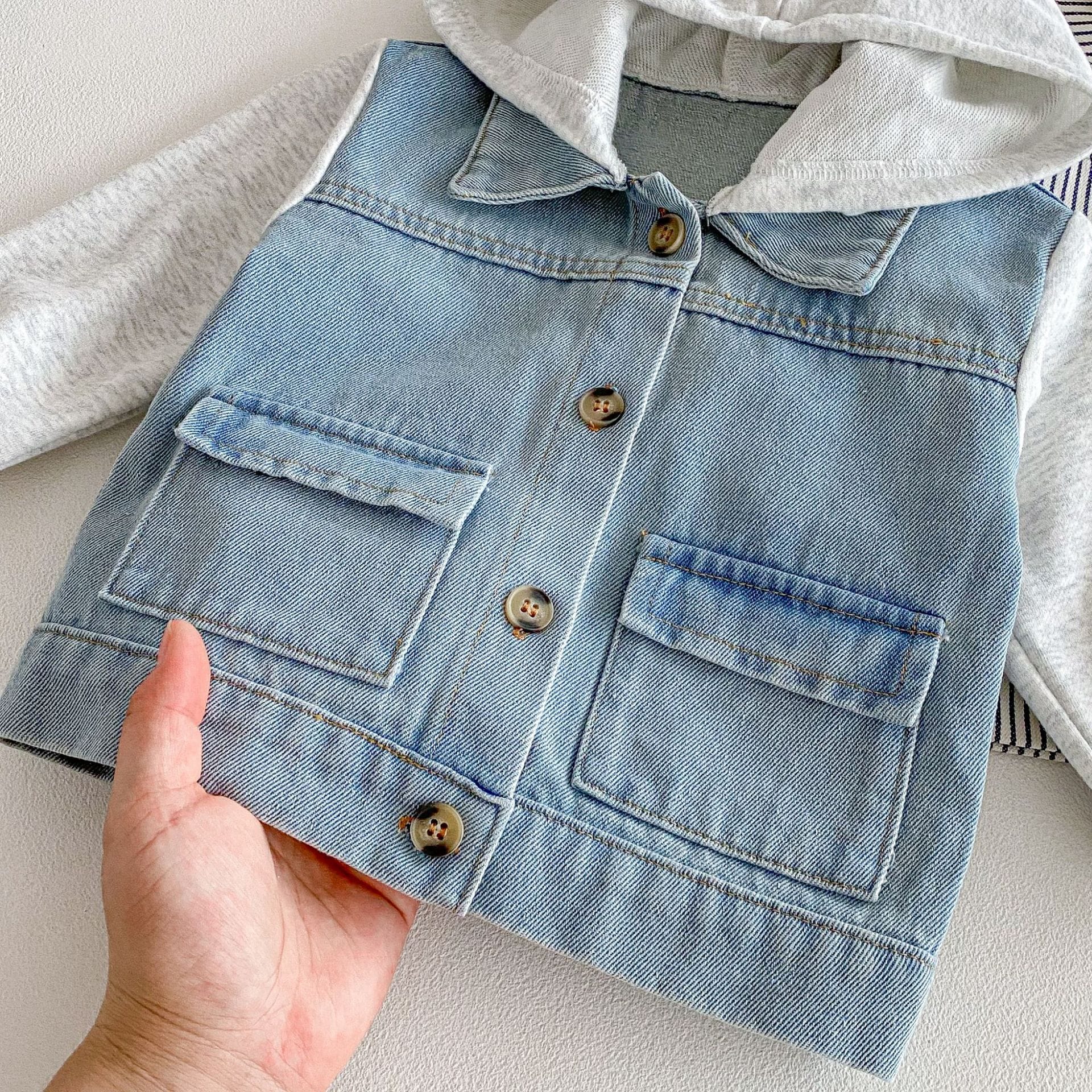 Hooded Striped Denim Layered Jacket ストライプ フード デニム ジャケット【mh0012720】 angou カーディガン・パーカー