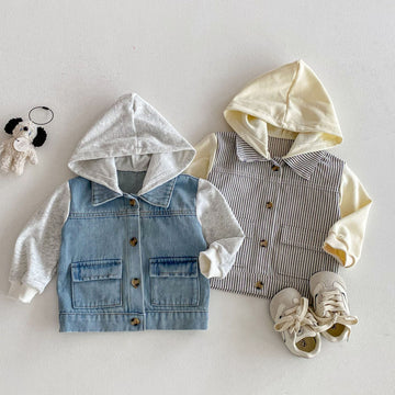Hooded Striped Denim Layered Jacket ストライプ フード デニム ジャケット【mh0012720】 angou カーディガン・パーカー