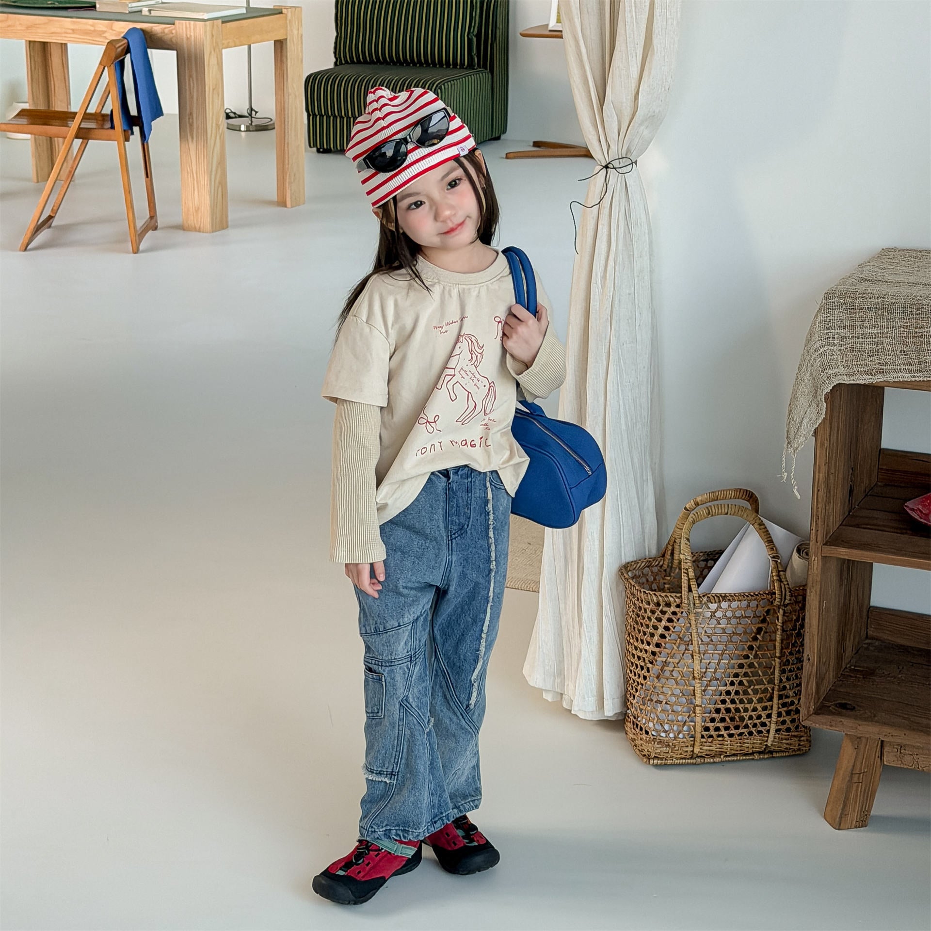 Horse Print Layered Long Sleeve Top ホースプリント レイヤード 長袖 Tシャツ【mh0012471】 ADbaby 長袖Tシャツ