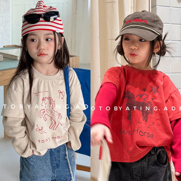Horse Print Layered Long Sleeve Top ホースプリント レイヤード 長袖 Tシャツ【mh0012471】 ADbaby 長袖Tシャツ