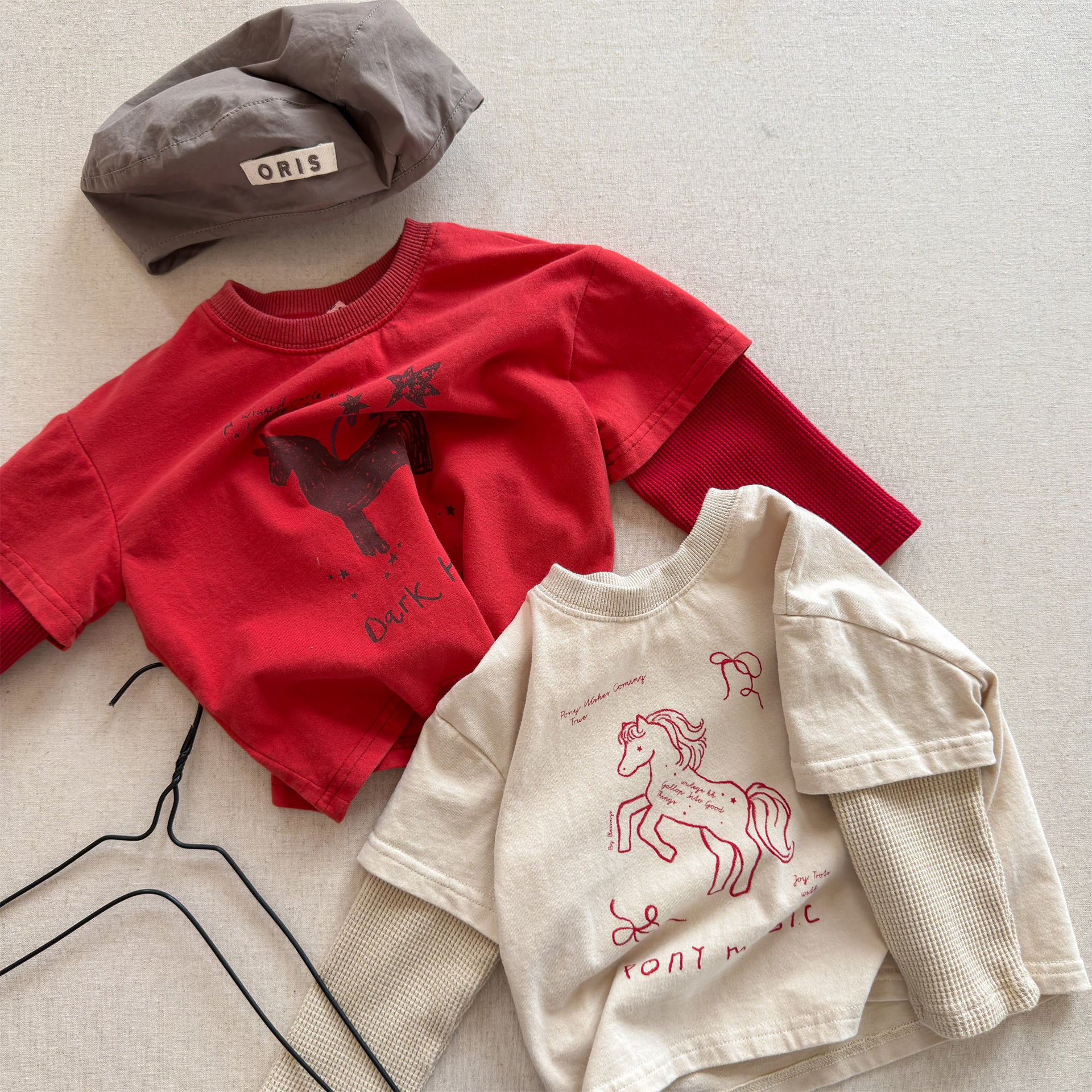 Horse Print Layered Long Sleeve Top ホースプリント レイヤード 長袖 Tシャツ【mh0012471】 ADbaby 長袖Tシャツ