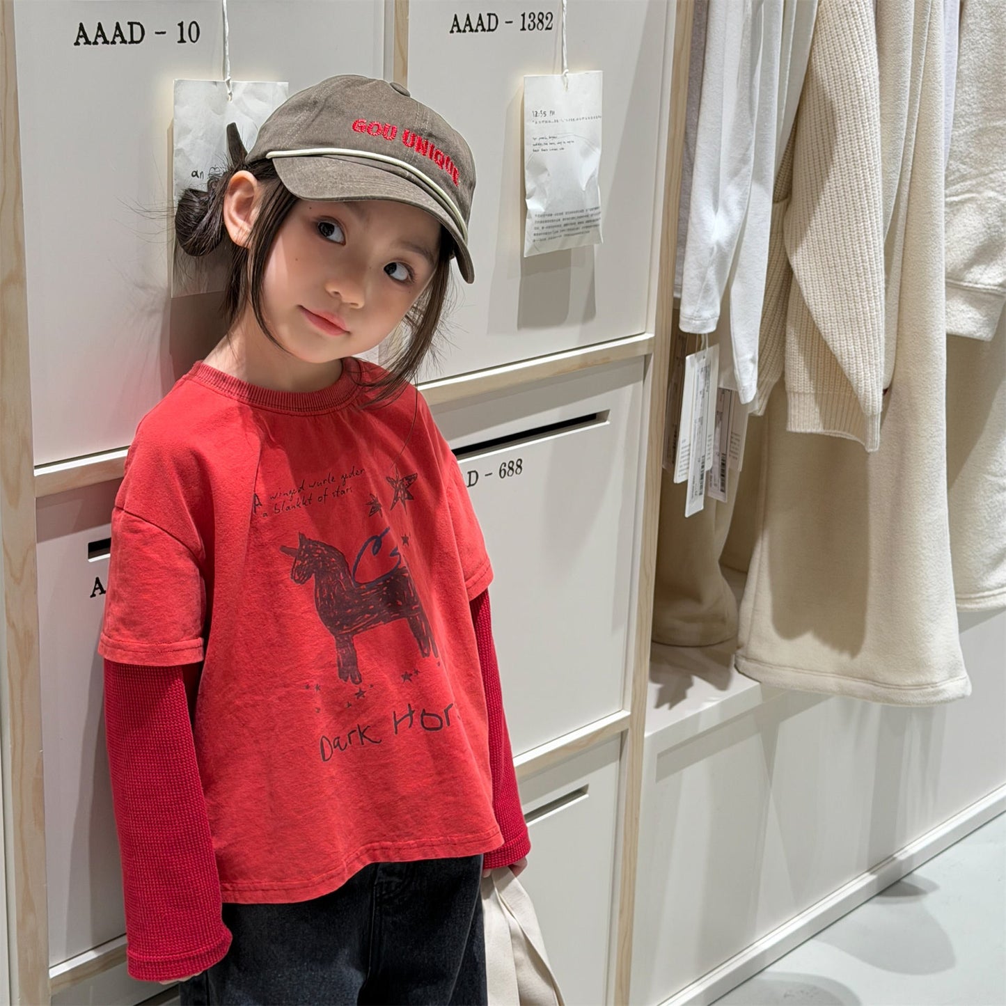 Horse Print Layered Long Sleeve Top ホースプリント レイヤード 長袖 Tシャツ【mh0012471】 ADbaby 長袖Tシャツ
