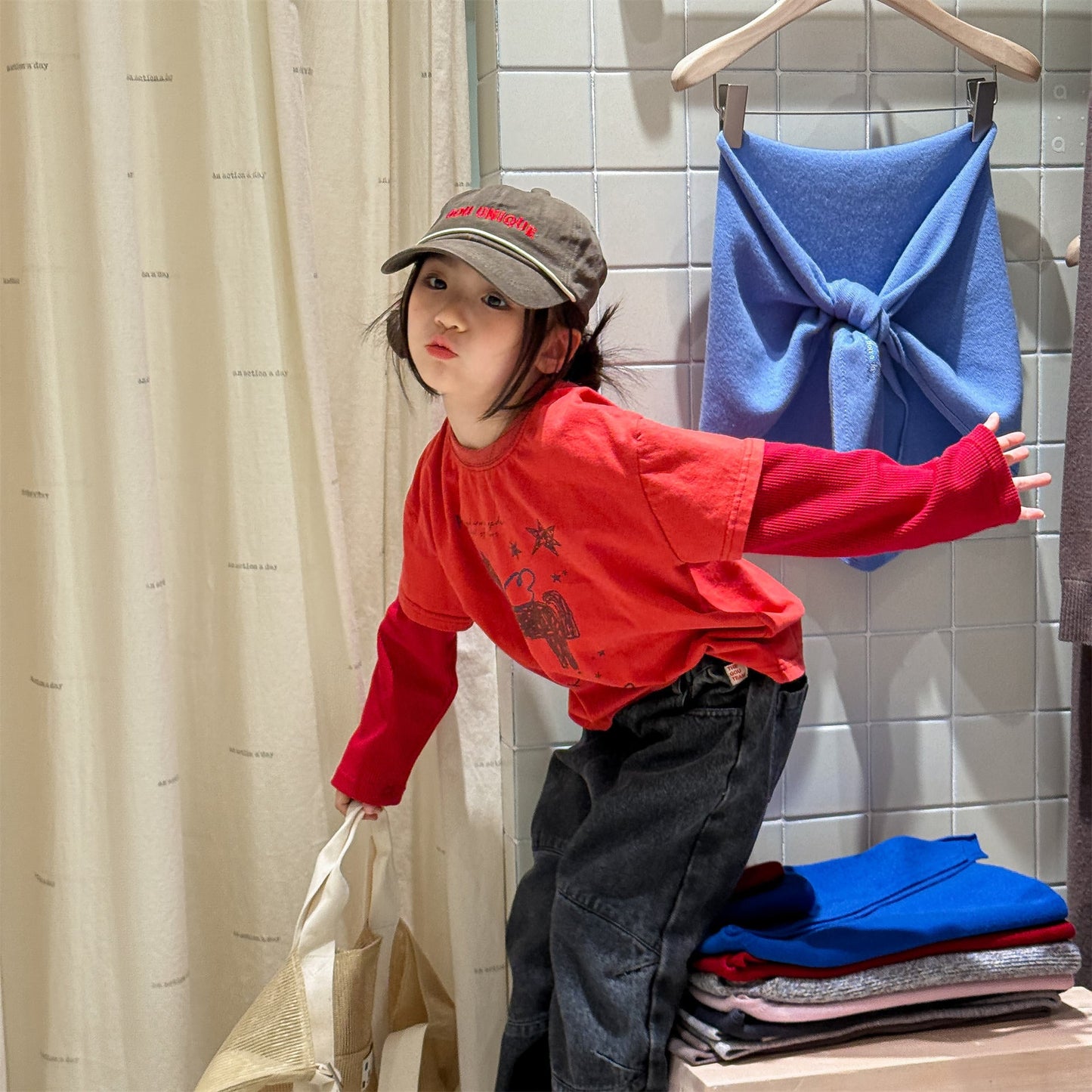 Horse Print Layered Long Sleeve Top ホースプリント レイヤード 長袖 Tシャツ【mh0012471】 ADbaby 長袖Tシャツ