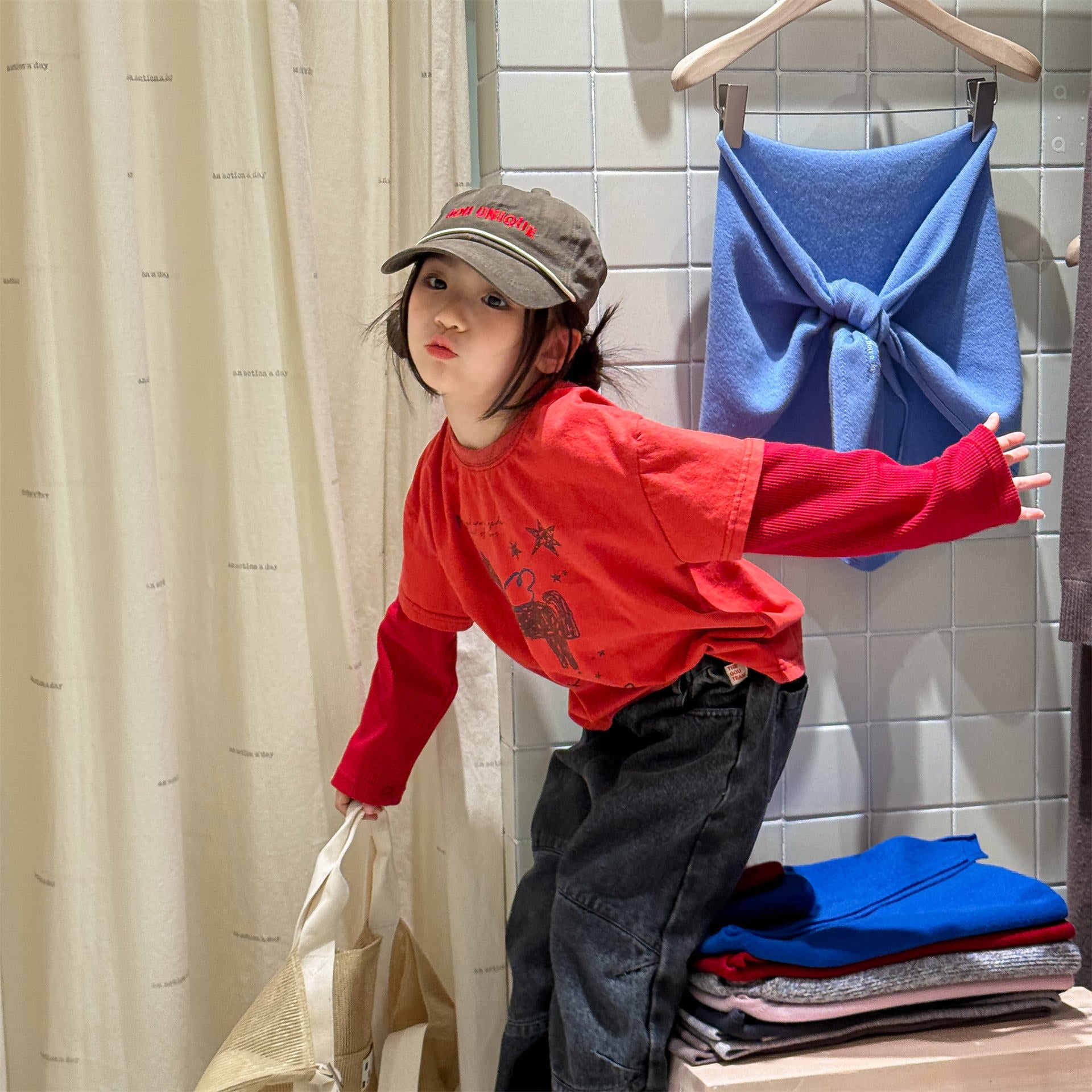 Horse Print Layered Long Sleeve Top ホースプリント レイヤード 長袖 Tシャツ【mh0012471】 ADbaby 長袖Tシャツ