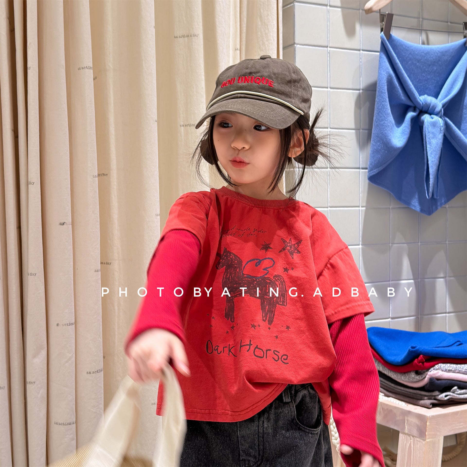 Horse Print Layered Long Sleeve Top ホースプリント レイヤード 長袖 Tシャツ【mh0012471】 ADbaby 長袖Tシャツ