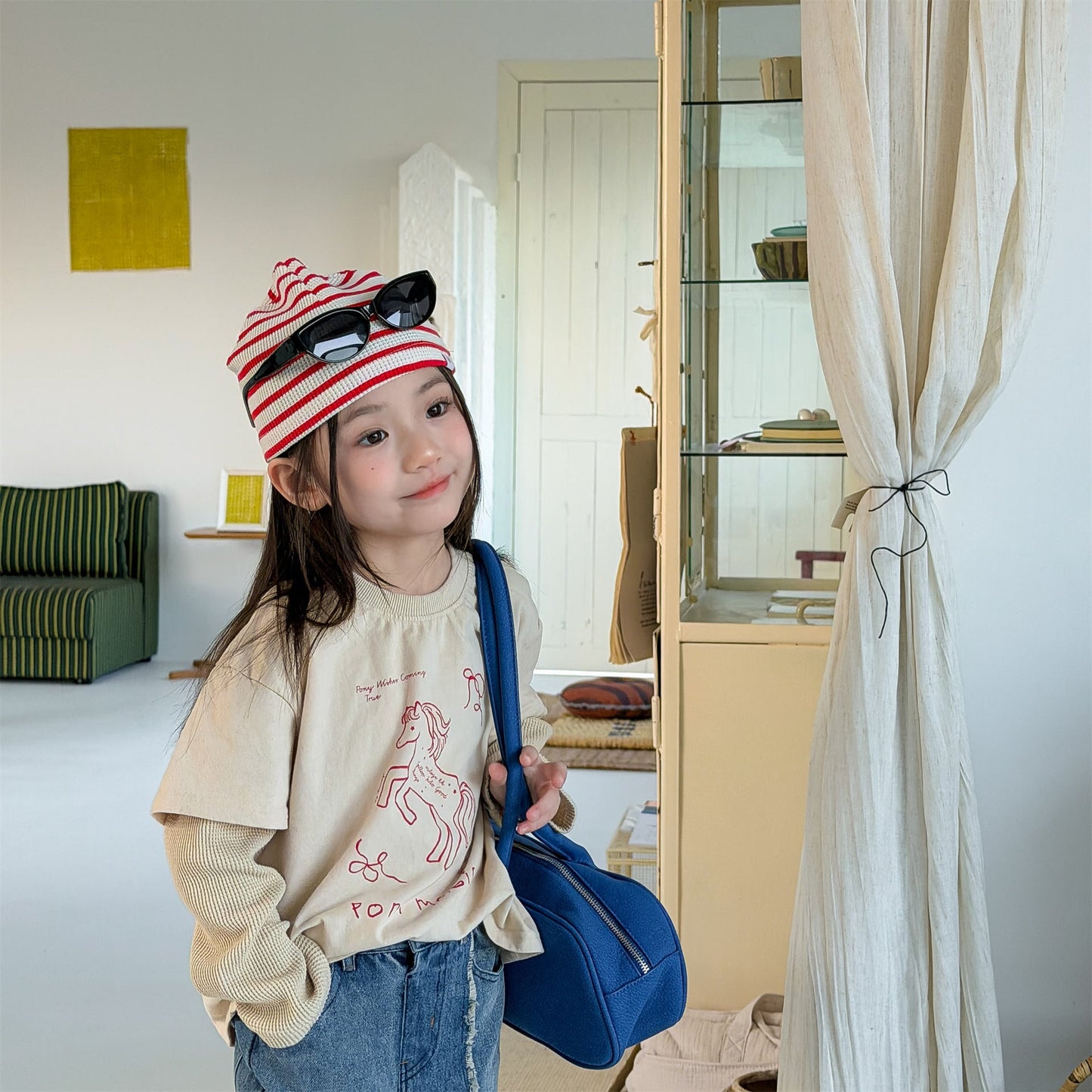 Horse Print Layered Long Sleeve Top ホースプリント レイヤード 長袖 Tシャツ【mh0012471】 ADbaby 長袖Tシャツ