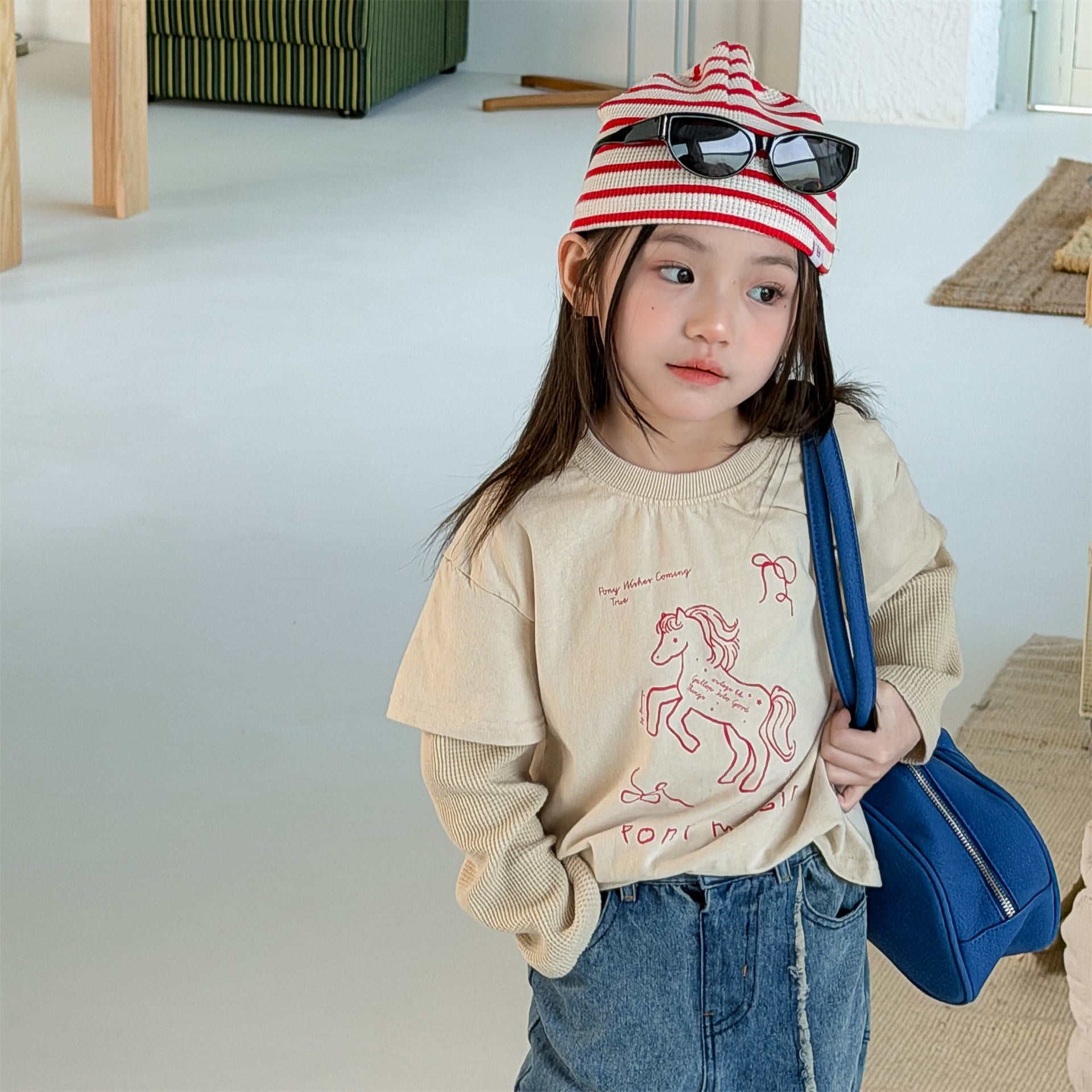 Horse Print Layered Long Sleeve Top ホースプリント レイヤード 長袖 Tシャツ【mh0012471】 ADbaby 長袖Tシャツ