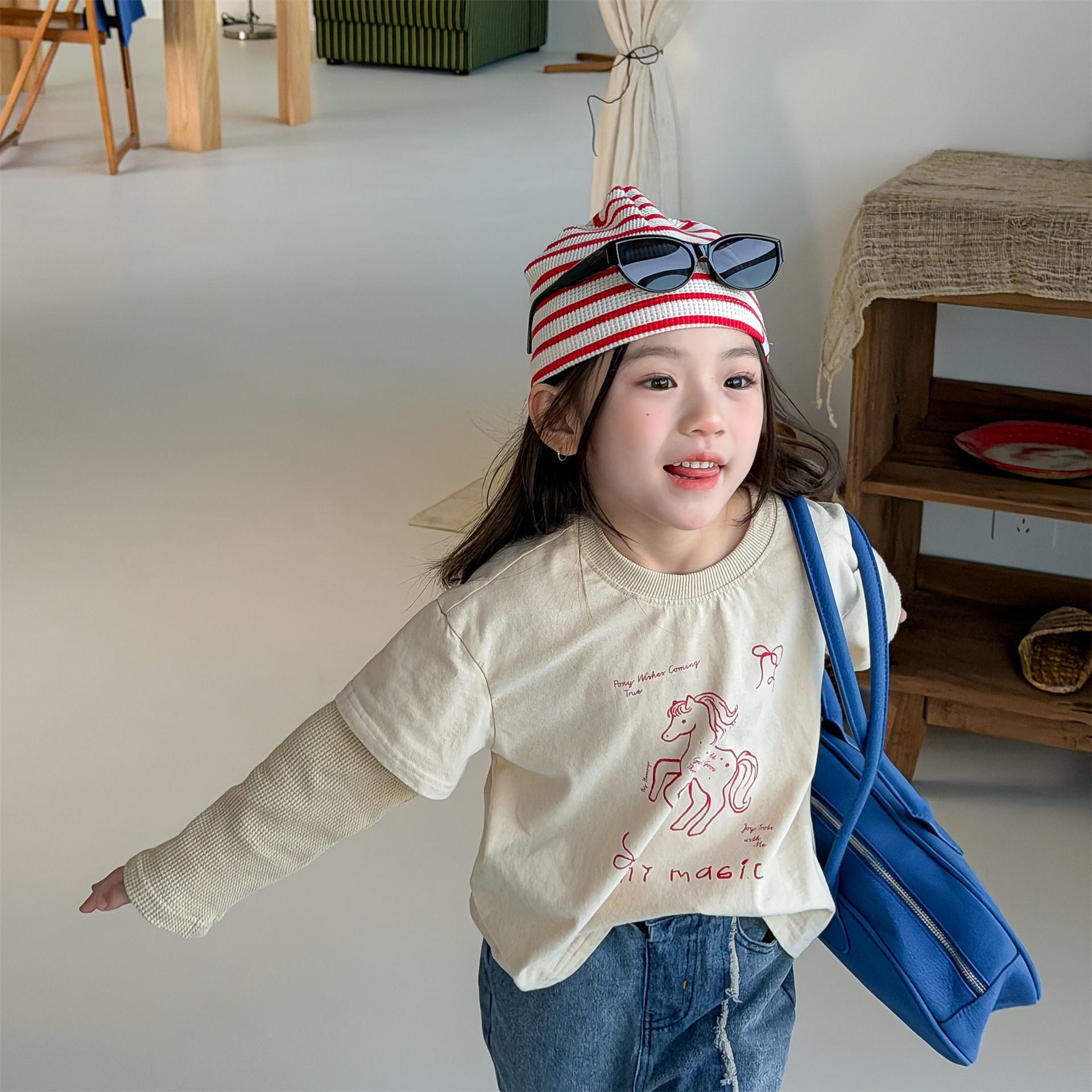 Horse Print Layered Long Sleeve Top ホースプリント レイヤード 長袖 Tシャツ【mh0012471】 ADbaby 長袖Tシャツ