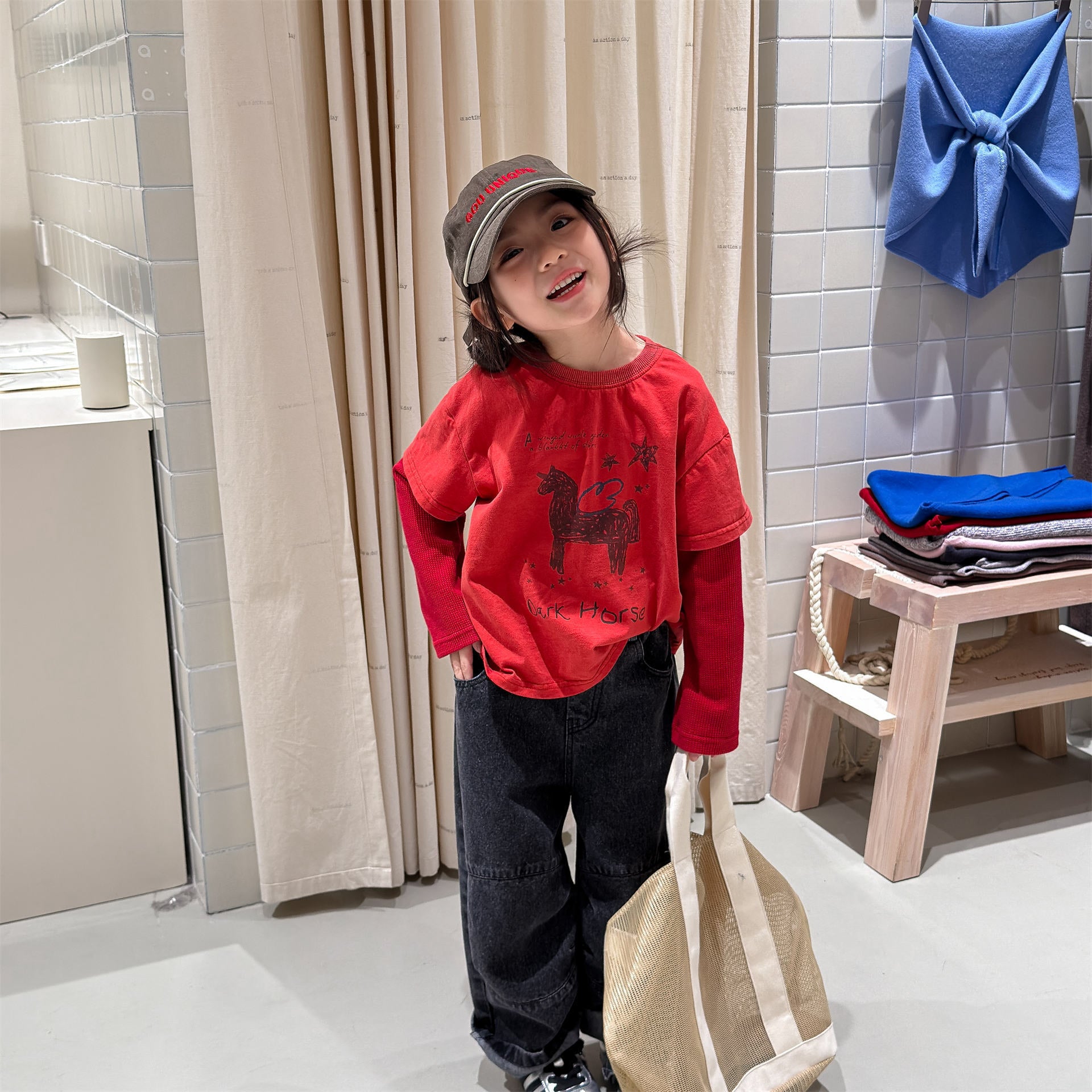 Horse Print Layered Long Sleeve Top ホースプリント レイヤード 長袖 Tシャツ【mh0012471】 ADbaby 長袖Tシャツ
